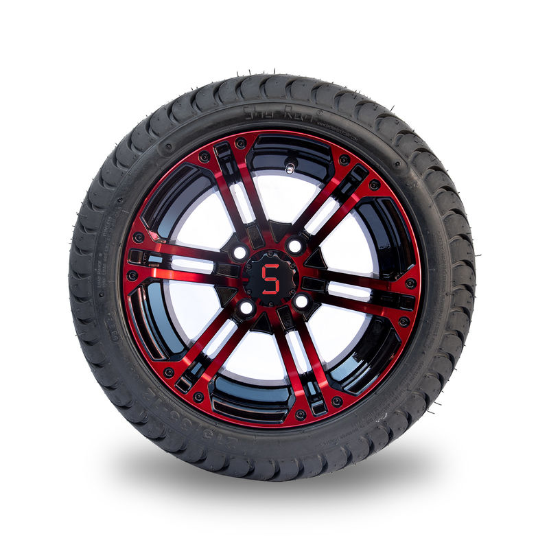 लाल / चमकदार काला एल्यूमीनियम 12 इंच गोल्फ कार्ट पहिया और टायर 215/35-12 टायर इकट्ठा